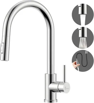 Immagine prodotto di Rubinetto da cucina in acciaio inossidabile con doccetta estraibile, 2 tipi di getto, alta pressione, orientabile a 360°, monocomando, argento spazzolato