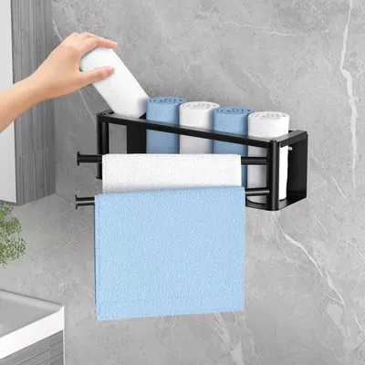 Image de Porte-serviettes sans perçage, noir, salle de bains, mural, porte-serviettes pour invités avec 2 barres pivotantes