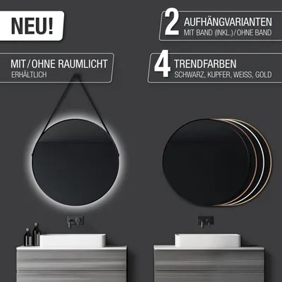 Zdjęcie produktu dla Lustro ?cienne okr?g?e Talos Black Light Matt Ø 80 cm - lustro ?azienkowe z o?wietleniem po?rednim - wisz?cy pasek o wygl?dzie skóry - pod?wietlane lustro z neutralnym bia?ym ?wiat?em - wysokiej jako?ci matowa czarna aluminiowa rama - lustro ?azienkowe