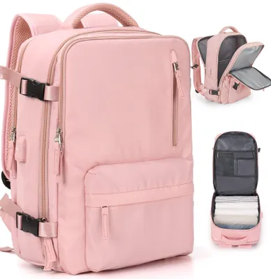 Produktbild von Großer Reiserucksack, wasserdichter Anti-Diebstahl-Laptoprucksack, mit USB-Anschluss, Schuhfach, Vertikaler Reißverschluss, Rosa