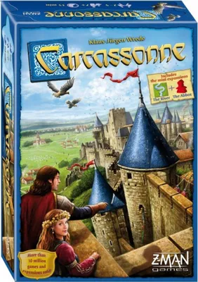 The image shows the box art for the board game Carcassonne, featuring a medieval castle scene with two people looking out over the landscape.