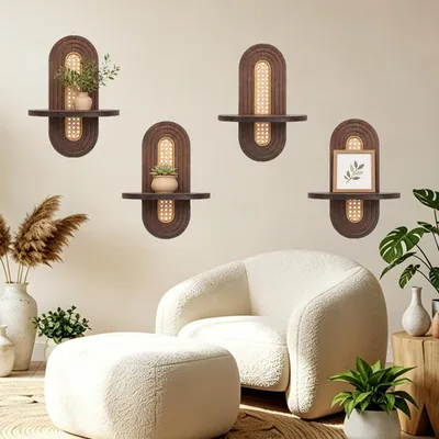 Produktbild von Set aus 4 Boho-Wandregalen aus Rattan zur Dekoration