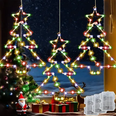 3er Set 55 LED Weihnachtsbaum-Fensterleuchten, batteriebetrieben, Timer