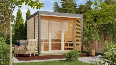 Productafbeelding van Karibu Saunahuis Buiten sauna Tuin sauna Ares 3, onbehandeld, oven 11 kW, externe bediening, easy, 38 mm massief hout, 277x276x232 cm