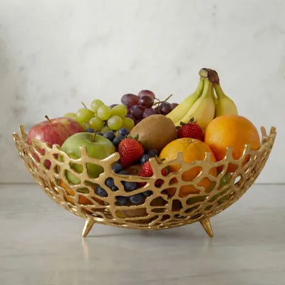 Image de FineBuy, bol à fruits rond, doré, en métal, diamètre 46 cm. Décoration de table moderne. Panier à fruits en aluminium avec pied. Bol décoratif élégant en aluminium. Corbeille à fruits faite à la main