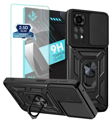 A black phone case and screen protector are displayed against a white background.