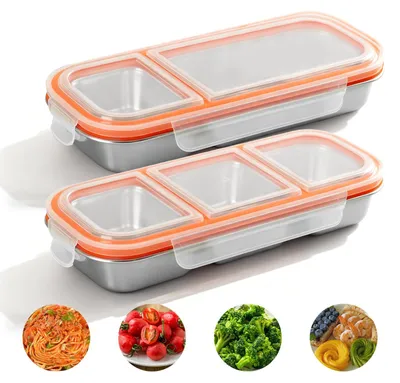 Snackbox 2er Set Edelstahl, 3+2 Fächer, auslaufsicher, 700/600 ml
