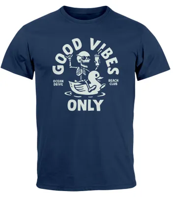 Produktbild von Herren T-Shirt Printshirt Spruch Good Vibes Only Skelett-Motiv Sommer Frontprint Fashion Streetstyle Neverless® navy XL