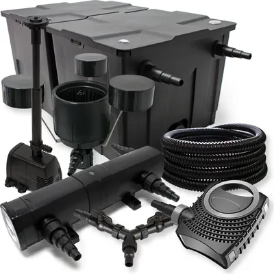 Zdjęcie produktu dla Kompletny zestaw SunSun: filtr do oczka wodnego CBF-350B do 60000 l, pompa do oczka wodnego NEO10000 10000 l/h 80 W, osadnik do oczka wodnego CUV-224 24 W, wąż 25 m 25 mm, skimmer CSP-250 2500 l/h, fontanna HJ-943 800 l/h, rozdzielacz Y