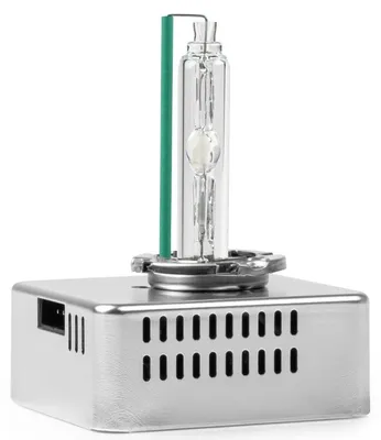 A single automotive headlight bulb with its ballast, shown against a white background.