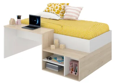 Produktbild von Kinderbett Dbagnat, Einzelbett für Schlafzimmer, Set mit Schreibtisch und Regalen, 134 x 195 x 73 cm, Weiß und Eiche