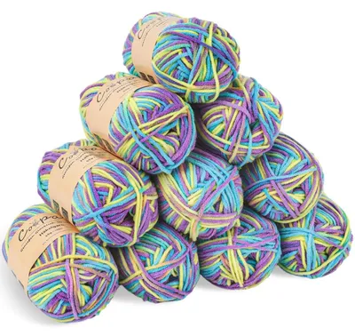 Obrázek produktu pro Příze na háčkování, barevné přechody, 10 x 45 g, vlákno z mléčné přadiny, bavlna, 5 nití, barvy: fialová, žlutá, modrá