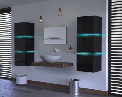 Produktbild von Furnitech ALIUS 14 II Badezimmer Bademöbel Badeschränke Spiegel Set (LED RGB (16 Farben), Schwarz)