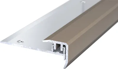 A close-up, angled view of a metal stair nosing profile against a white background.