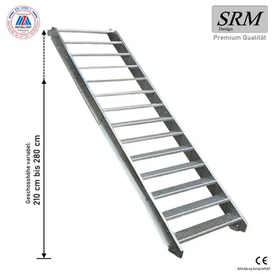 Produktbild von SRM Design Stahl Wangentreppe verzinkt, U-Profil, 14 Stufen, Breite 100 cm, Geschosshöhe 210-280 cm, Steigungshöhe 15-20 cm, inkl. Zubehör, für Außen- & Gewerbebereich