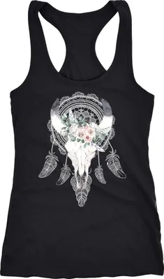 Produktbild von Damen Tank-Top Boho Skull Totenkopf Schädel Traumfänger Dreamcatcher Bohamien Racerback Neverless® schwarz M