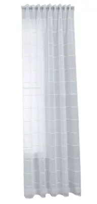 A white sheer curtain with a grid pattern hanging vertically.