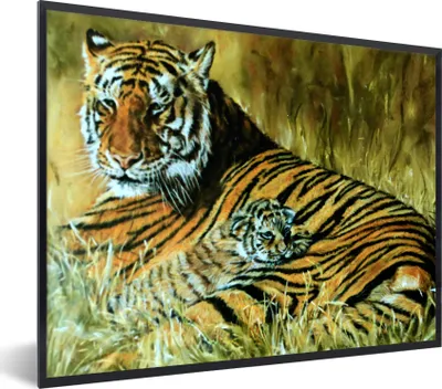 Produktbild von MuchoWow® Gerahmtes Poster Ölgemälde Tiger und ihr Junges 80x60 cm - Poster mit Schwarzem Bilderrahmen Wandposter Rahmen Foto Bilder - Schwarzem - Mit Gestell