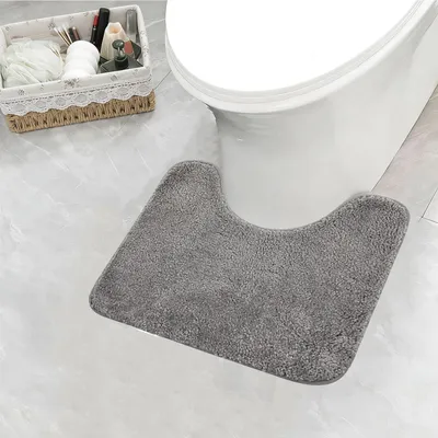 Image de Tapis de salle de bain, 50 x 40 cm, tapis de salle de bain en forme de U avec découpe, tapis de bain antidérapant, tapis de salle de bain moelleux, tapis de bain gris