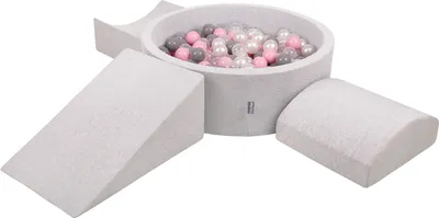 Produktbild von KiddyMoon spielplatz aus schaumstoff mit rund bällebad (300 bälle) ballgruben für babys spielbad hindernisläufen, hergestellt in der eu, hellgrau:perle/grau/transparent/puderrosa
