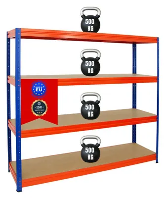 Produktbild von Schwerlastregal DINO | HxBxT 180x200x60cm | 4 MDF-Platten-Ebenen 6,5 mm | Fachlast 500kg | Blau/Orange