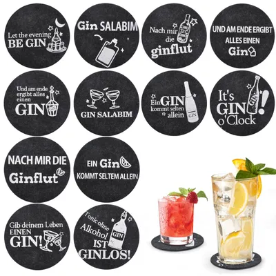12 Gin-Untersetzer aus Filz mit Sprüchen, dunkelgrau, rund