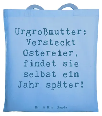 Produktbild von Mr. & Mrs. Panda Shopping Tasche Spruch Urgroßmutter Schätze - Sky Blue - Geschenk, Laptoptasche, Ahnen, Handarbeit, Jutebeutel, Tote Bag, einzigartige Designs, Beutel