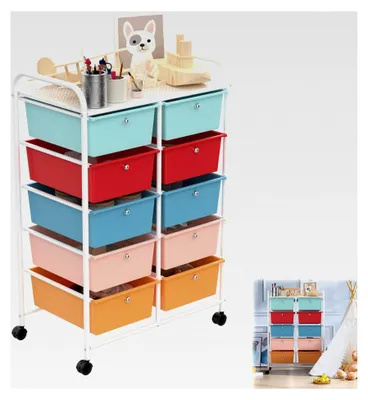 Produktbild von Rollwagen mit 10 stapelbaren Schubladen für Küche, Badezimmer und Büro - 96 x 39,5 x 66 cm