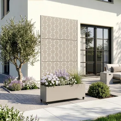 Image de Cloison « Aaskis » avec jardinière à roulettes en acier, 190 x 82 x 38 cm, beige