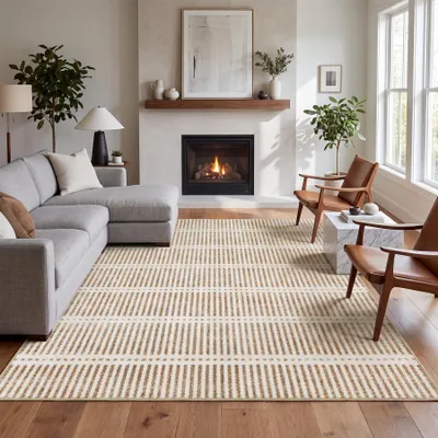Produktbild von Tribesigns Waschbarer Kurzflor Teppich, 200x300 cm, ultradünn, mit Streifen-Design Landhausstil, rutschfest für Wohnzimmer, Chenille, , Beige