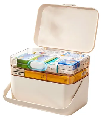 Produktbild von Medikamentenbox mit drei Fächern und tragbarem Griff