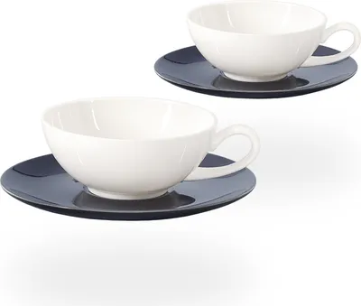 Produktbild von Buchensee Teetassen Porzellan / Teetassen Set Lena mit rundem Unterteller, 2 Tassen je 200ml, weiß/schwarz, Crystal Bone China