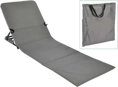 Produktbild von Strandmatte mit 5-Fach verstellbarer Rückenlehne, graue Strandliege klappbar mit praktischen Tragegriff, Rückenlehne mit 2 Taschen
