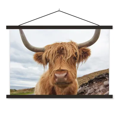 Produktbild von MuchoWow® Textilposter Schottischer Highlander - Hörner - Berg 150x100 cm mit schwarzem Rahmen - Schlafzimmer