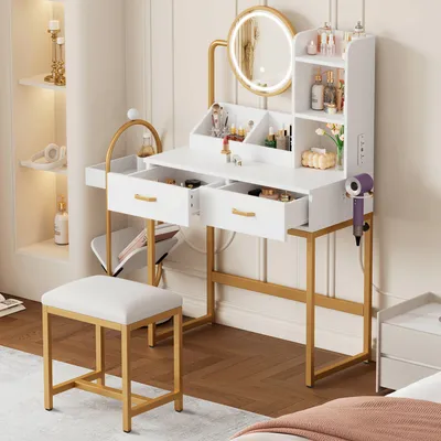 Produktbild von MODFU  Schminktisch mit LED-Beleuchtung&Hocker, Schminktisch mit drehbarem Spiegel und Steckdosen, Kommode mit  2 Schubladen und  2 offene Ablageflächen, weiß+gold