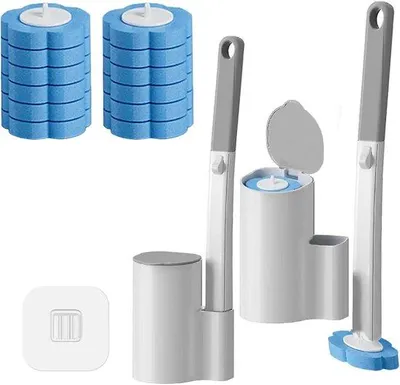 Obrázok produktu pre Hygienické čistiace prostriedky na toalety s držiakom na kefu pre kúpeľňu – dlhá rukoväť (40 cm) – jednorazová toaletná špongia s 12 náhradnými špongiami