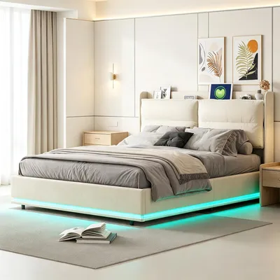 Obrázok produktu pre INONEFT Posteľ s pružinovou základňou 160x200 cm, hydraulická posteľ s polstrovaním, LED osvetlením a USB/C portmi, dvojlôžko, drevená posteľ, posteľ pre mládež, zamat, béžová.