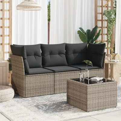 Produktbild von Design 4-tlg. Garten-Sofagarnitur mit Kissen Grau Poly Rattan, Gartenmöbel-Sets 2024 Neu