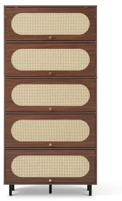 Image de Buffet haut effet noyer & rotin 5 portes abattantes 80x40x163cm