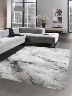 Produktbild von Teppich modern Designerteppich Marmor Optik grau gold Größe - 200 x 290 cm