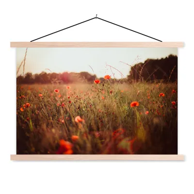 Produktbild von MuchoWow® Textilposter Sonnenuntergang - Blumen - Rot 60x40 cm mit holzfarbenen Rahmen - Bilder