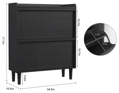 Obrázek produktu pro Botník – Úzká skříňka na boty do chodby – Moderní minimalistický design – Dřevo s výklopnými dvířky – Nastavitelné vnitřní police – Skrytý úložný prostor – Černá barva