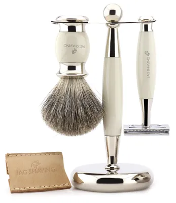 Immagine prodotto di Omgoods - Set di rasoi da barba per uomo - Doppio taglio, con custodia in pelle e spazzola