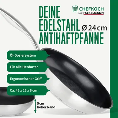 Produktbild von Edelstahl-Antihaft-Bratpfanne von Chefkoch trifft Fackelmann  Perfekt für alle Herdarten, hitzebeständig, mit Wabenboden für knusprige Ergebnisse