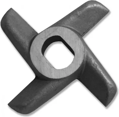 A close-up, studio shot of a metal meat grinder blade.