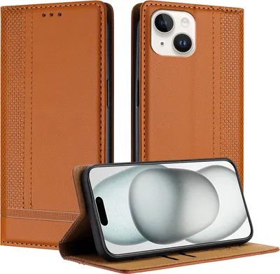 Immagine prodotto di Custodia per telefono cellulare per iPhone 15 in pelle flip custodia protettiva con funzione di stand marrone