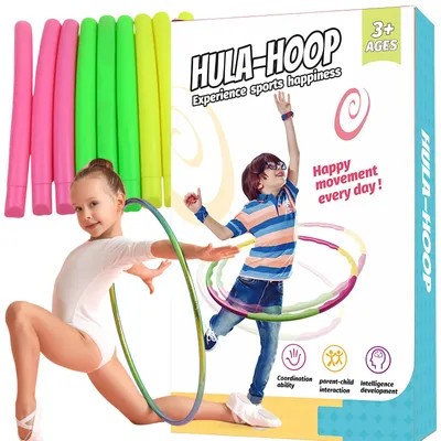 A product image for a hula hoop set, featuring children using the hoops and the product packaging.