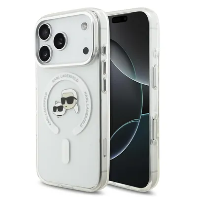Immagine prodotto di Custodia per iPhone 18 Pro di Karl Lagerfeld, realizzata in plastica trasparente con cornice in metallo e logo MagSafe