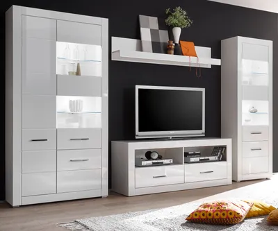 Produktbild von Wohnwand "Carrara" weiß Hochglanz Schrankwand 4-teilig 335 x 198