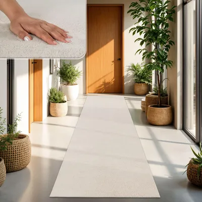 A hallway with a long runner rug, plants, and wooden doors.